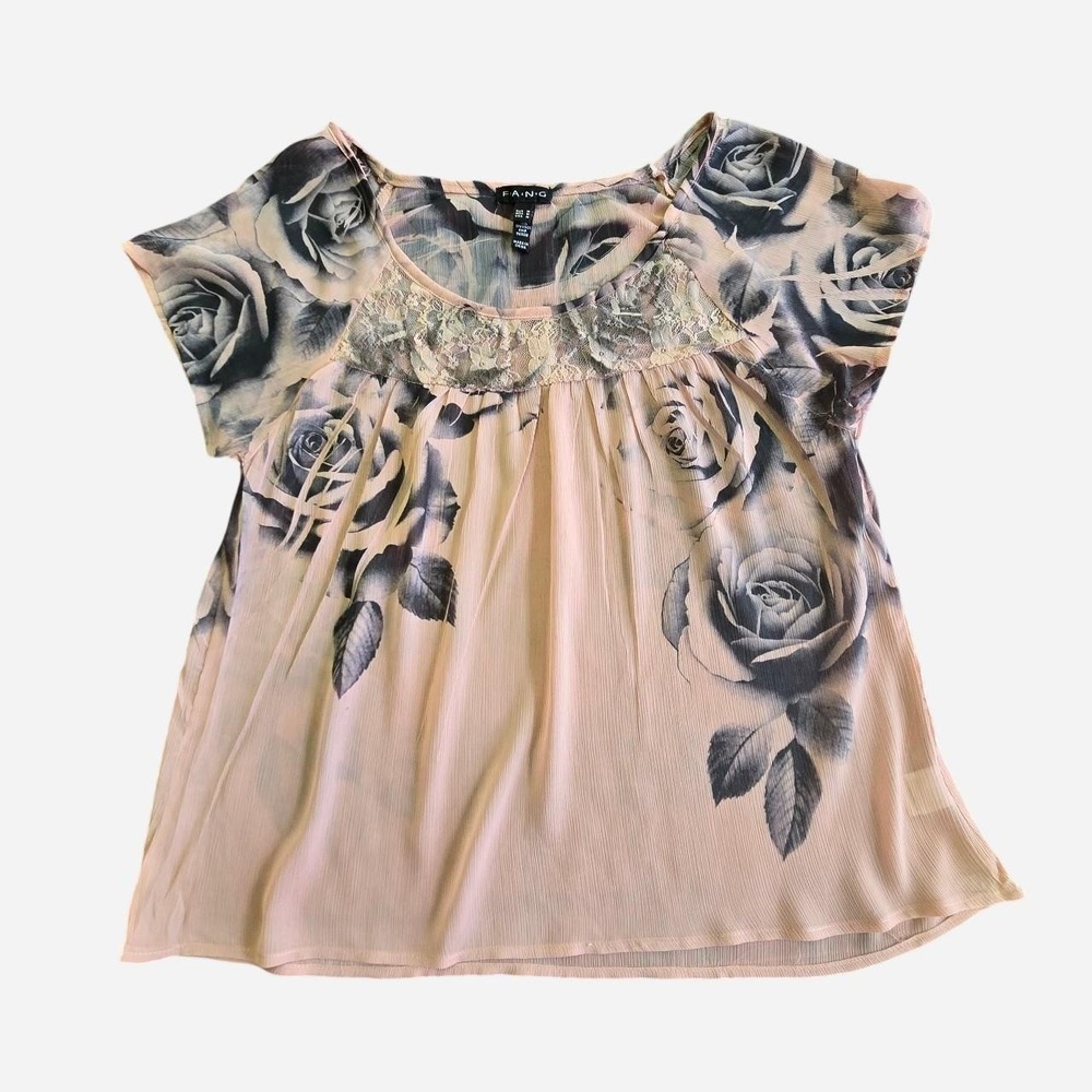 VTG y2k sheer pastel pink rose alt lace babydoll blouse / M / pastel mall goth